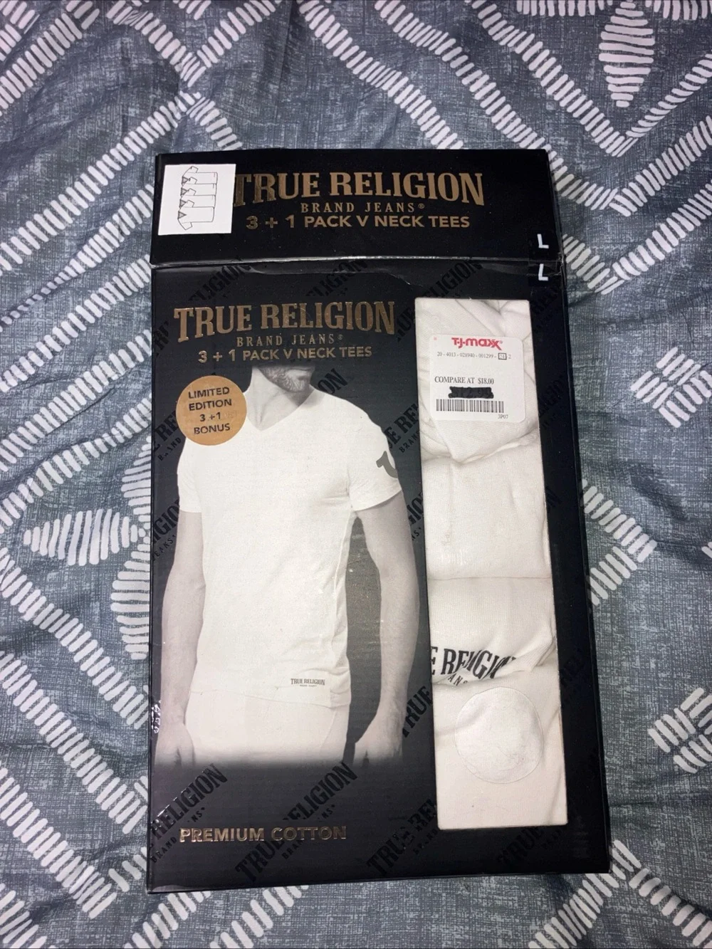 True Religion White & Black 3+1 Pack V Neck Tees
